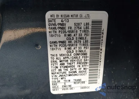 2013 Nissan Murano S from USA, damaged, VIN JN8AZ1MW5DW318007